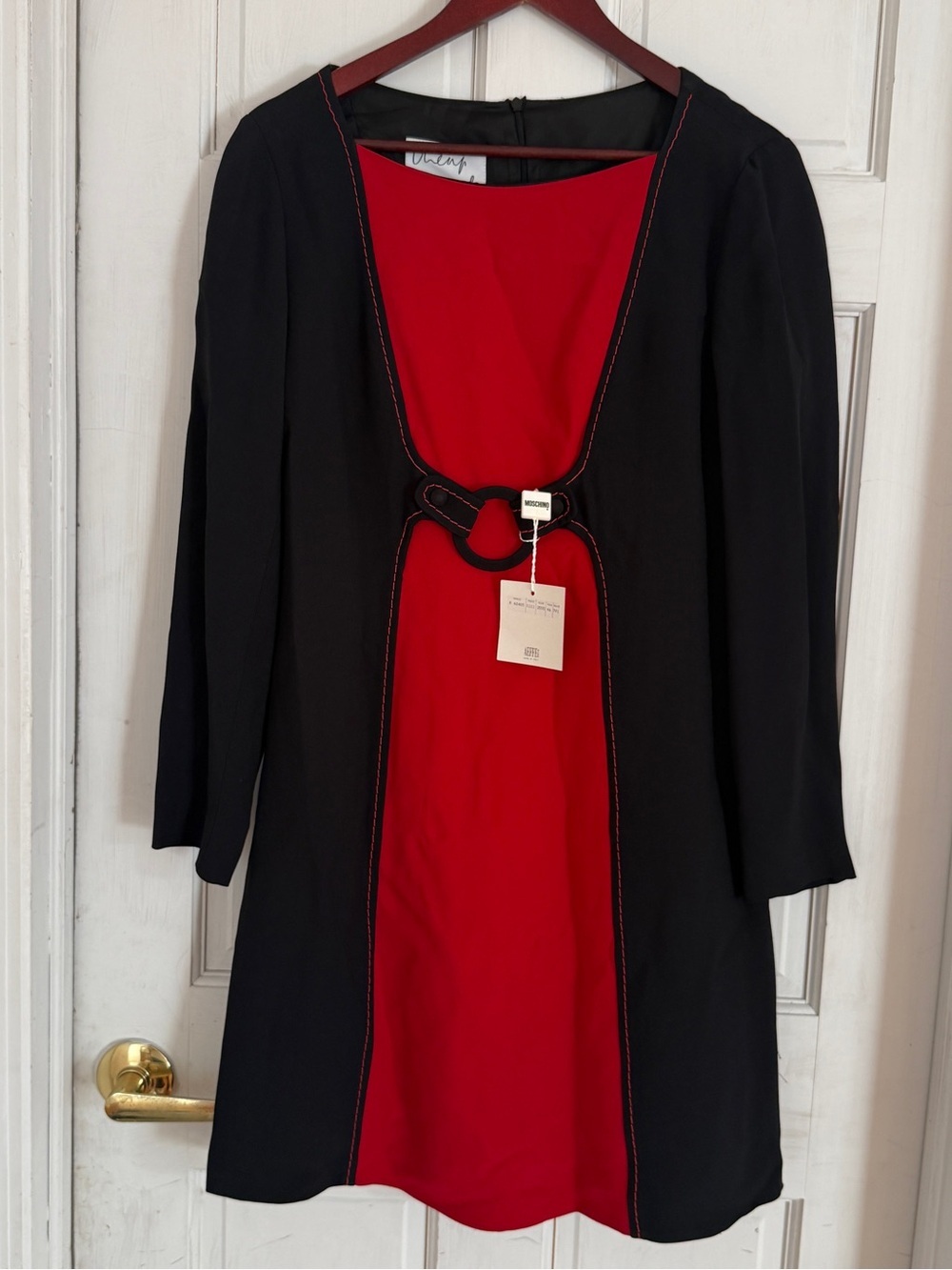 MOSCHINO Women’s Black & Red Colorblock Shift Dress Ring Hardware Long Sleeve